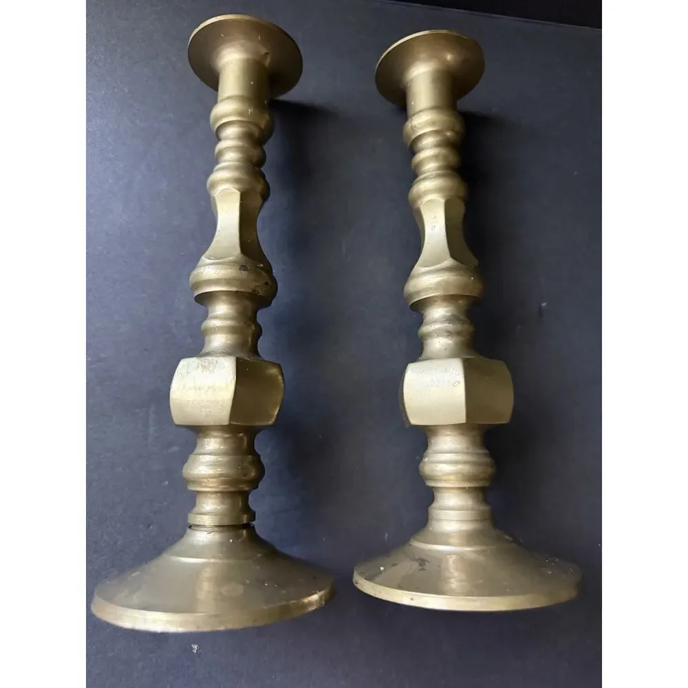 Vintage Brass Candlestick Holders Set (2) MCM Holiday Centerpiece Cottagecore